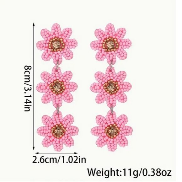 3 Three Pink Seed Beaded Flower Dangle 3.1" L Earrings - Picture 3 of 6